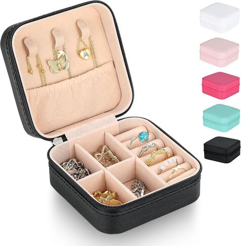 صندوق مجوهرات السفر من سوارتس، صندوق مجوهرات صغير ومنظم من البولي يوريثان، حقيبة مجوهرات للسفر باللون الوردي للنساء والفتيات، علبة تنظيم القلادة الدائرية، صندوق هدايا للتخزين in Kuwait