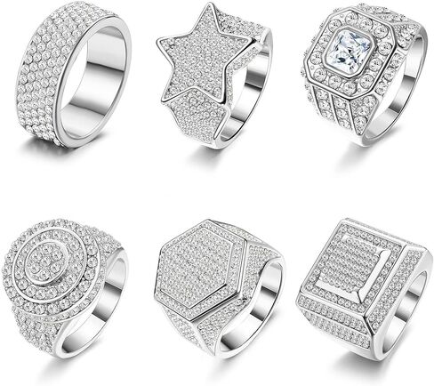 FIASASO 6 قطعة 18K مطلية بالذهب مثلج خارج خواتم للرجال بلينغ الخنصر خاتم مقلد الماس مثلج خارج الدائري ستار تشيكوسلوفاكيا الفرقة جولة الهيب هوب الدائري in Kuwait