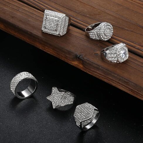 FIASASO 6 قطعة 18K مطلية بالذهب مثلج خارج خواتم للرجال بلينغ الخنصر خاتم مقلد الماس مثلج خارج الدائري ستار تشيكوسلوفاكيا الفرقة جولة الهيب هوب الدائري in Kuwait