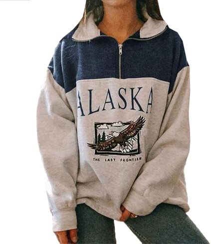 Women Novelty ALASKA Letter Print Sweatshirt Vintage Zipper Long Sleeve Loose Lapel Hoodie Pullover in Saudi Arabia