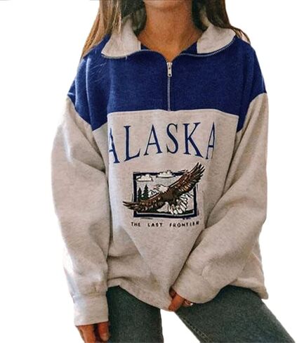 Women Novelty ALASKA Letter Print Sweatshirt Vintage Zipper Long Sleeve Loose Lapel Hoodie Pullover in Saudi Arabia