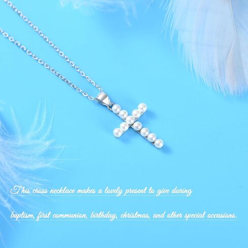 فتاة هدية المعمودية الأولى، قلادة من الفضة الاسترليني المتقاطعة من اللؤلؤ للنساء، هدايا المناولة الأولى، المعمودية المسيحية، هدية LDS، هدايا تأكيد للفتيات المراهقات، هدايا عيد الفصح للابنة الروحية in Kuwait