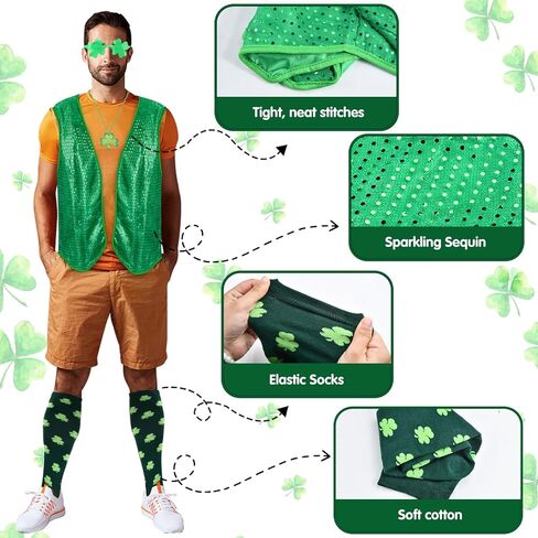 Abitoncc عيد القديس باتريك اكسسوارات الترتر سترة الجني زي قبعة الأخضر فو اللحية نظارات شامروك قلادة جورب in Kuwait