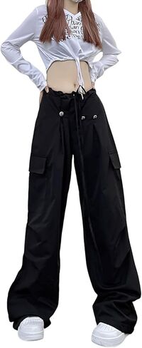 سروال نسائي كاجوال فضفاض برباط واسع الساق مريح عالي الخصر هيب هوب بوي فريند كارجو طويل in Kuwait