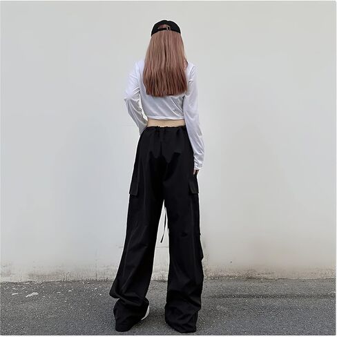 سروال نسائي كاجوال فضفاض برباط واسع الساق مريح عالي الخصر هيب هوب بوي فريند كارجو طويل in Kuwait