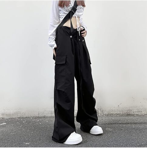 سروال نسائي كاجوال فضفاض برباط واسع الساق مريح عالي الخصر هيب هوب بوي فريند كارجو طويل in Kuwait