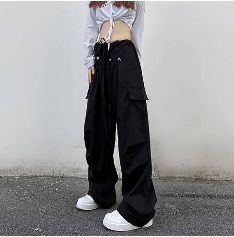 سروال نسائي كاجوال فضفاض برباط واسع الساق مريح عالي الخصر هيب هوب بوي فريند كارجو طويل in Kuwait