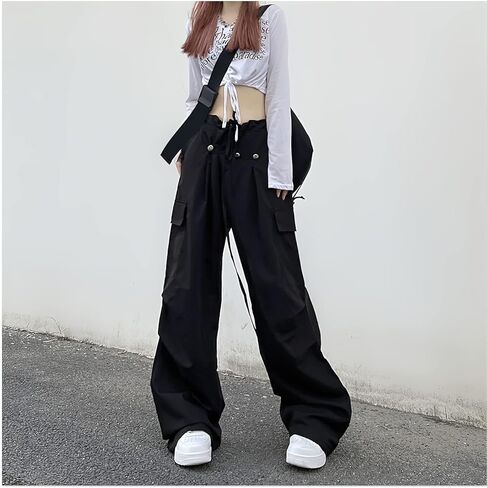 سروال نسائي كاجوال فضفاض برباط واسع الساق مريح عالي الخصر هيب هوب بوي فريند كارجو طويل in Kuwait