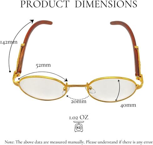 نظارات كوفي كيك للرجال بتصميم كلاسيكي كلاسيكي هيب هوب بيضاوي مظلل من خشب البلوط باطار ذهبي وعدسات شفافة، شفافة in Kuwait
