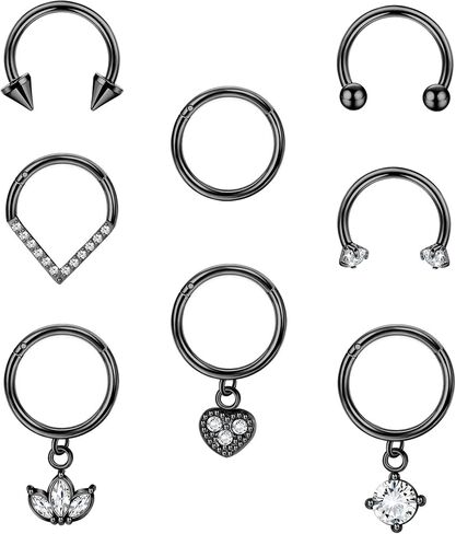 ORAZIO 8 PCS Dangle Septum Rings 16G for Women Horseshoe Septum Clicker Rings CZ Heart Flower Cartilage Helix Earring Daith Hoop Nose Rings Septum Piercing Jewelry 8MM 10MM in Saudi Arabia