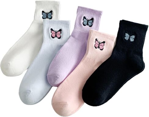 OYOANGLE Women's 5 Pairs Butterfly Embroidery Crew Socks Breathable Everyday Casual Sock in Saudi Arabia