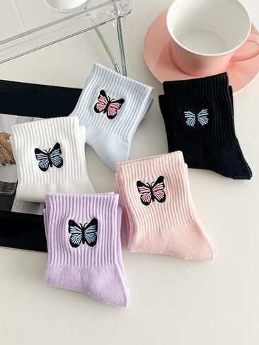 OYOANGLE Women's 5 Pairs Butterfly Embroidery Crew Socks Breathable Everyday Casual Sock in Saudi Arabia