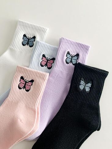 OYOANGLE Women's 5 Pairs Butterfly Embroidery Crew Socks Breathable Everyday Casual Sock in Saudi Arabia