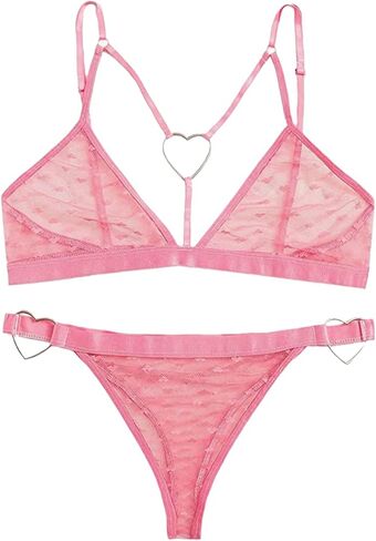 Cute Mesh Underwear Women Sexy Exotic Lingerie, Bra Thong Set, Valentine’s Day Hearts & Silver Charm Baby Pink in Saudi Arabia