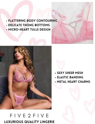 Cute Mesh Underwear Women Sexy Exotic Lingerie, Bra Thong Set, Valentine’s Day Hearts & Silver Charm Baby Pink in Saudi Arabia