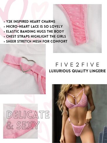 Cute Mesh Underwear Women Sexy Exotic Lingerie, Bra Thong Set, Valentine’s Day Hearts & Silver Charm Baby Pink in Saudi Arabia