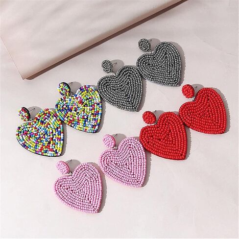 Beaded Dangle Earrings Handmade Heart-shaped Seed Beads Drop Earring for Women Holiday Birthday Valentine’s Day Gifts in Saudi Arabia