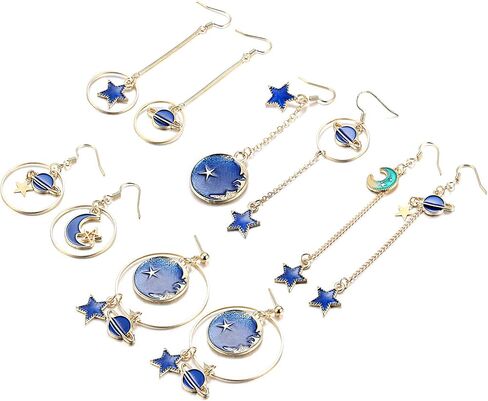 سيليموي 5 ازواج اقراط مطلية بالمينا على شكل قمر ونجوم وكوكب الارض، اقراط متدلية طويلة غير متماثلة بخطاف للنساء، مصنوعة من الستانلس ستيل in Kuwait