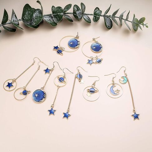 سيليموي 5 ازواج اقراط مطلية بالمينا على شكل قمر ونجوم وكوكب الارض، اقراط متدلية طويلة غير متماثلة بخطاف للنساء، مصنوعة من الستانلس ستيل in Kuwait