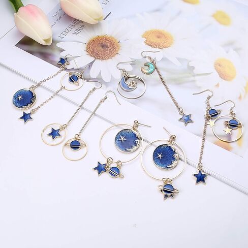 سيليموي 5 ازواج اقراط مطلية بالمينا على شكل قمر ونجوم وكوكب الارض، اقراط متدلية طويلة غير متماثلة بخطاف للنساء، مصنوعة من الستانلس ستيل in Kuwait