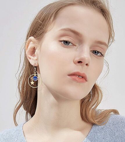 سيليموي 5 ازواج اقراط مطلية بالمينا على شكل قمر ونجوم وكوكب الارض، اقراط متدلية طويلة غير متماثلة بخطاف للنساء، مصنوعة من الستانلس ستيل in Kuwait