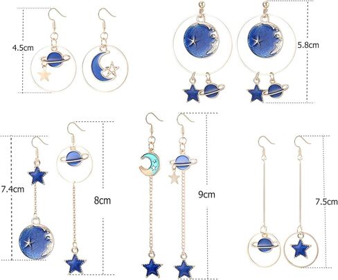 سيليموي 5 ازواج اقراط مطلية بالمينا على شكل قمر ونجوم وكوكب الارض، اقراط متدلية طويلة غير متماثلة بخطاف للنساء، مصنوعة من الستانلس ستيل in Kuwait