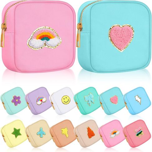 12 Pcs Preppy Patch Cute Makeup Bag Travel Cosmetic Toiletry Bag Chenille Skincare Bag Portable Nylon Bag Organizer Storage Purse Small Zipper Makeup Pouch Daily Use Storage Purse for Women Girls Gift in Saudi Arabia