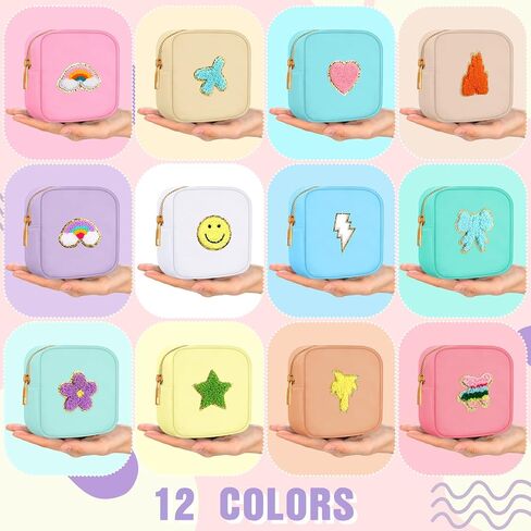 12 Pcs Preppy Patch Cute Makeup Bag Travel Cosmetic Toiletry Bag Chenille Skincare Bag Portable Nylon Bag Organizer Storage Purse Small Zipper Makeup Pouch Daily Use Storage Purse for Women Girls Gift in Saudi Arabia