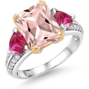 Gem Stone King 925 Sterling Silver and 10k Yellow Gold Peach Nano Morganite and Red Created Ruby 3 Stone Engagement Ring For Women (4.25 Cttw, Octagon Cut 10X8MM, Available In Size 5, 6, 7, 8, 9)