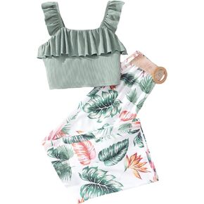 WDIRARA Girl's 2 Pcs Outfit Ruffle Trim Rib Knit Sleeveless Crop Top Tropical Print Pants