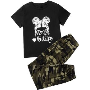 Floerns Girls 2 Piece Outfit Letter Print Short Sleeve Tee Shirt Camo Pants Set