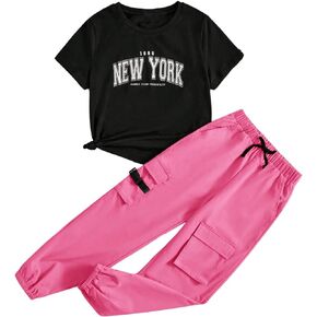 SOLY HUX Girl's 2 Piece Outfits Letter Graphic Short Sleeve Tee and Cargo Pants Set
