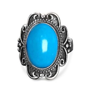 Oval Blue Turquoise Stone Quartz Crystal Statement Band Ring,S925 Sterling Silver Retro Vintage Antique Real Natural Genuine Gemstone Wide Boho Bohemian Ring for Women (Ring_Turquoise Stone, 6)
