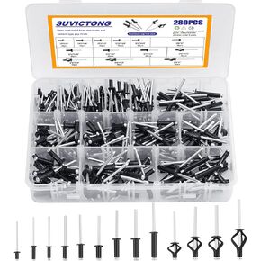 280pcs Black Pop Rivets Assortment Kit, SUVICTONG Aluminum Blind Rivets, (1/8" 5/32" 3/16") 13 Sizes Tri-fold Exploding Pop Rivet for Kayak Marine Boat