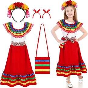 Funnysoft 6 Pcs Cinco De Mayo Mexican Dress for Girls Traditional Mexican Dress with Flower Headpiece Fiesta Dress Costume