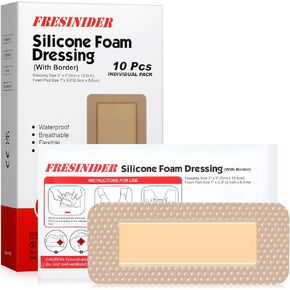 FRESINIDER 2 × 5 بوصة (عبوة من 10) ضمادات جروح من إسفنج السيليكون - ضمادات لاصقة مقاومة للماء بحدود - فائقة الامتصاص وقابلة للتنفس للعناية المثلى بالجروح
