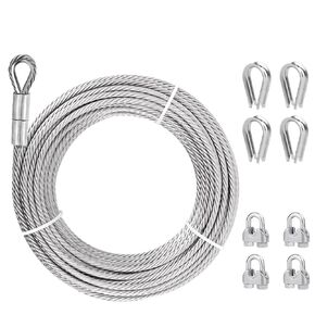 1/4 Stainless Steel Cable, 75ft 304 Stainless Steel Aircraft Cable with Tensile Strength of 6400lbs, 7x19 Strands Wire Rope with Stainless Cable Clamps&Thimble, Perfect for Yard Zipline, Boat Lifts