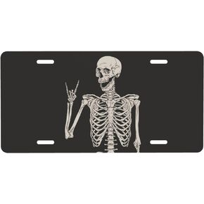 Gothic Skull Skeleton License Plate Covers Decorative Metal Car Front License Plate Vanity Tag for Women Men, 6x12 Inch (with 4 Pre-Drill Hole)