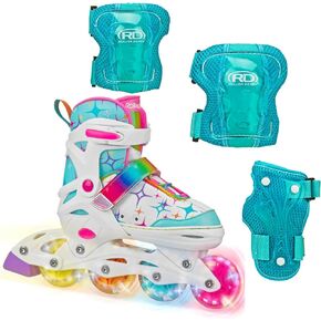 Roller Derby Stryde Youth Adjustable Inline Lighted Wheel Skates with Protective Gear, Adjustable Sizing, Tri-Pack Protective Gear Included