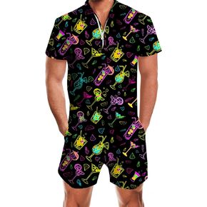 uideazone Men Romper 3D Printed Zipper Jumpsuit Short Sleeve One Piece Casual Overalls Bro Outfits