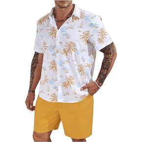 BEAUDRM Men's Plus Size 2 Pieces Outfit Tropical Print Short Sleeve Button Down Shirt and Shorts Set