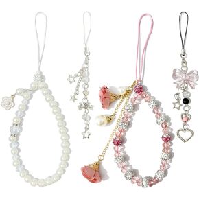 4 Pcs Phone Charms Strap Cute Phone Charms Pink White Beaded Phone Strap Cell Phone Charms Star Strap Pendants Decor