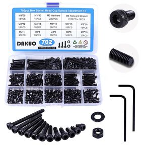 DAKUO 702PCS Metric M3 Screw Assortment, Hex Button Head Cap M3 Machine Screws Bolts and Nuts Washer Assortment Kit with Allen Wrench, M3x4/5/6/8/10/12/14/16/18/20/25/30mm, 12.9 Grade Alloy Steel