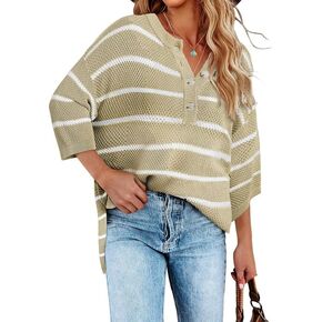 SHEWIN Womens Button Down V Neck 3/4 Sleeve Sweaters Tops Casual Striped Pullover Shirt Lightweight Knit Sweater Blouse