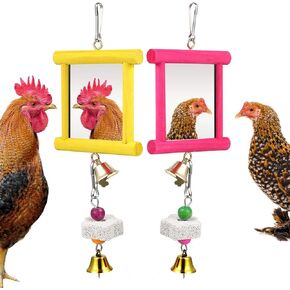 Vehomy 2Pcs Chicken Mirror Toys for Hens Hanging Swing Mirror Toys with Bells and Beak Grinding Molar Stones for Roosters Hens Birds Parrots (Yellow and Red)
