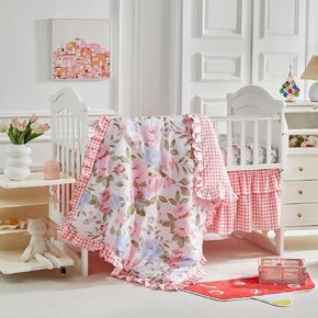 3 Pieces Flowers Crib Bedding Set Baby Ruffled Quilted Comforter with Fitted Sheet and Bed Skirt - Cute Ruffled Shabby Chic Baby Bedding Soft Blanket Floral Design