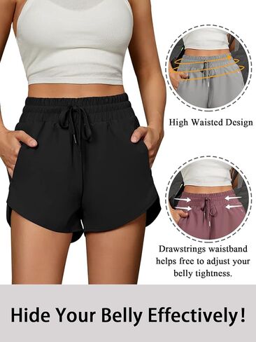 BMJL Women's Running Shorts High Waisted Athletic Shorts Pocket Sporty Short Gym Elastic Workout Shorts (Medium,Black) in Saudi Arabia