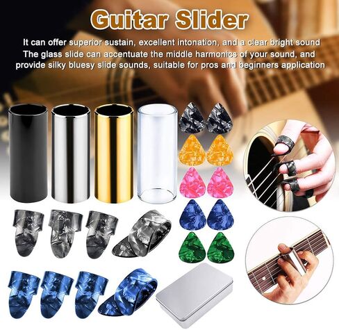 Xiaokeis 4 Pcs Guitar Slide, Set of 4 Glass Slide with 8pcs Finger Sleeves, Steel Guitar Slide for Electric Guitar Accessories, Electric Guitar Accessories with Storage Box(Random Color) in Saudi Arabia