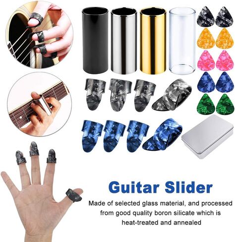 Xiaokeis 4 Pcs Guitar Slide, Set of 4 Glass Slide with 8pcs Finger Sleeves, Steel Guitar Slide for Electric Guitar Accessories, Electric Guitar Accessories with Storage Box(Random Color) in Saudi Arabia