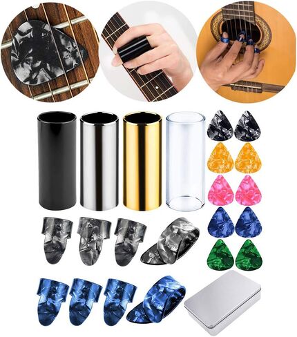 Xiaokeis 4 Pcs Guitar Slide, Set of 4 Glass Slide with 8pcs Finger Sleeves, Steel Guitar Slide for Electric Guitar Accessories, Electric Guitar Accessories with Storage Box(Random Color) in Saudi Arabia